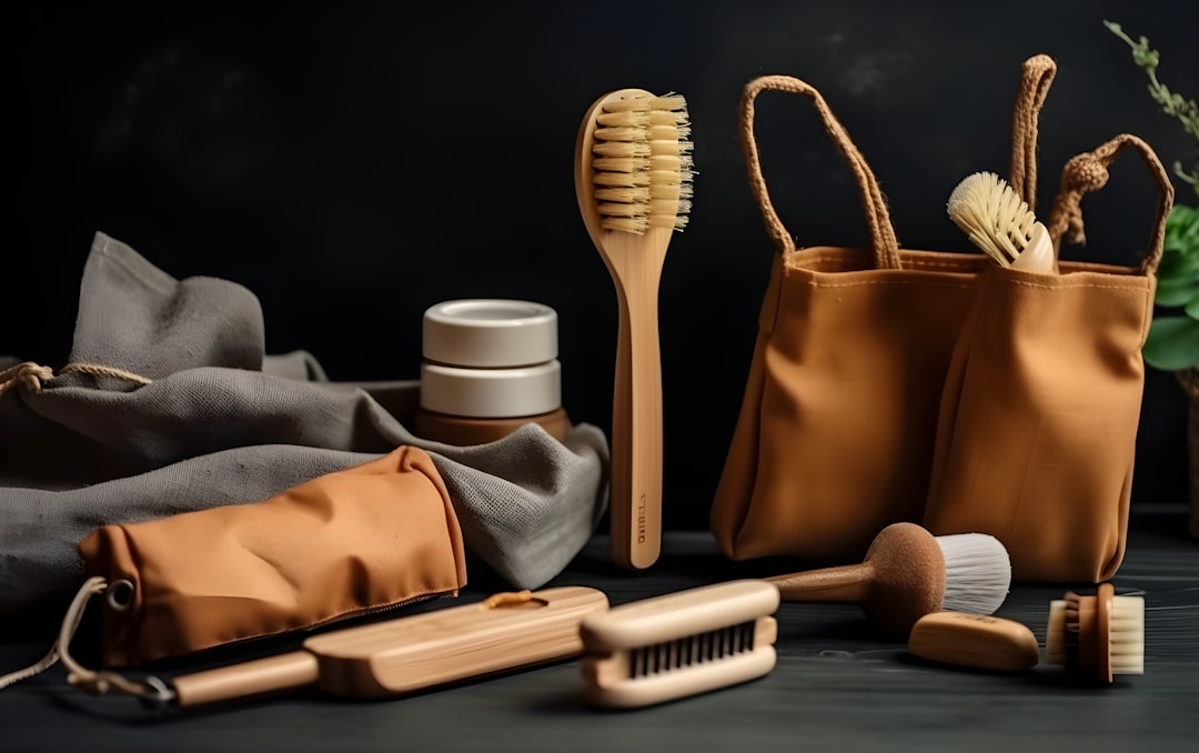 a bag with a brush, comb, and other items in it